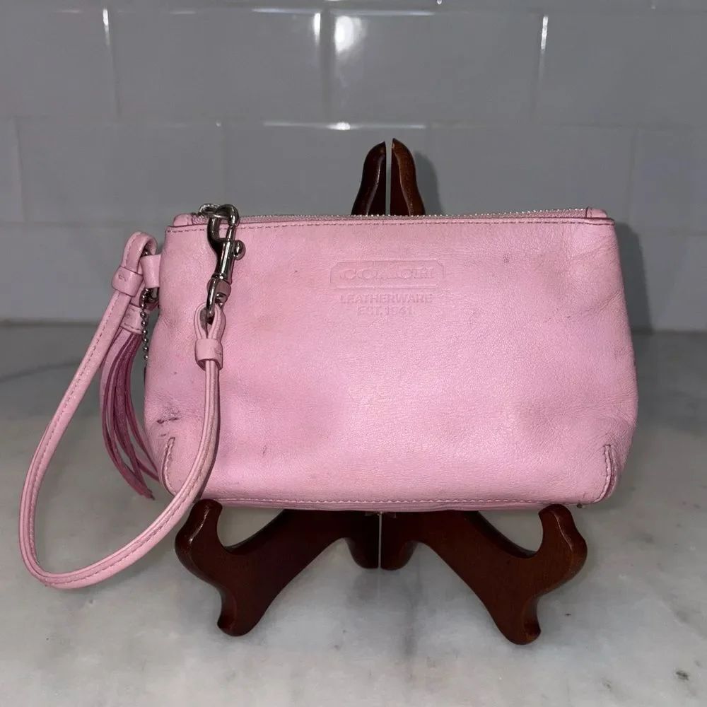 Coach Wristlet Bag Purse Bag Embossed Smooth Leather Tassel Pouch Clutch Wallet